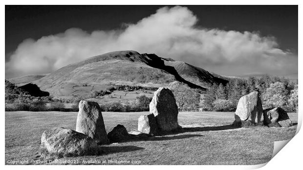 Castlerigg Stone Circle and Blencathra in mono Print by Chris Drabble