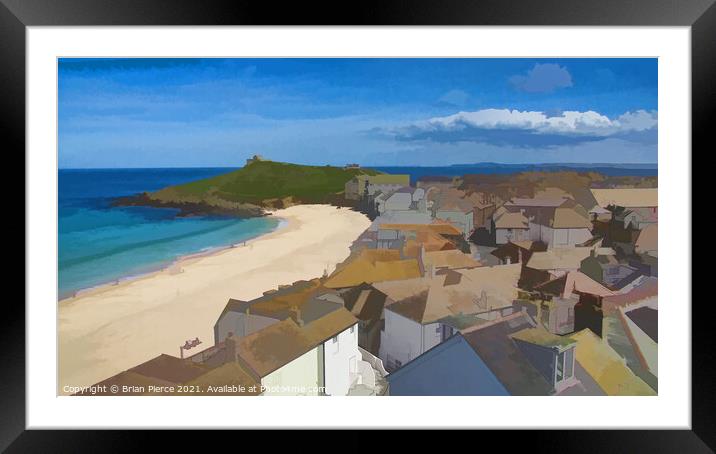 Porthmeor Beach and the Island, St Ives (Pen + Wat Framed Mounted Print by Brian Pierce