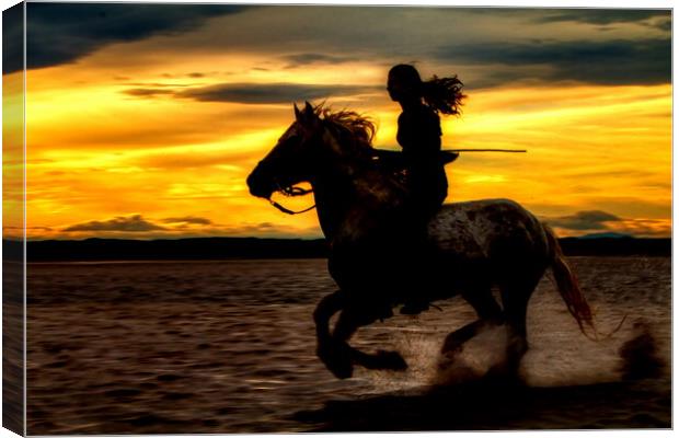 Girl Horse riding silhouetted against sunset Canvas Print by Helkoryo Photography