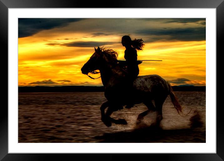 Girl Horse riding silhouetted against sunset Framed Mounted Print by Helkoryo Photography