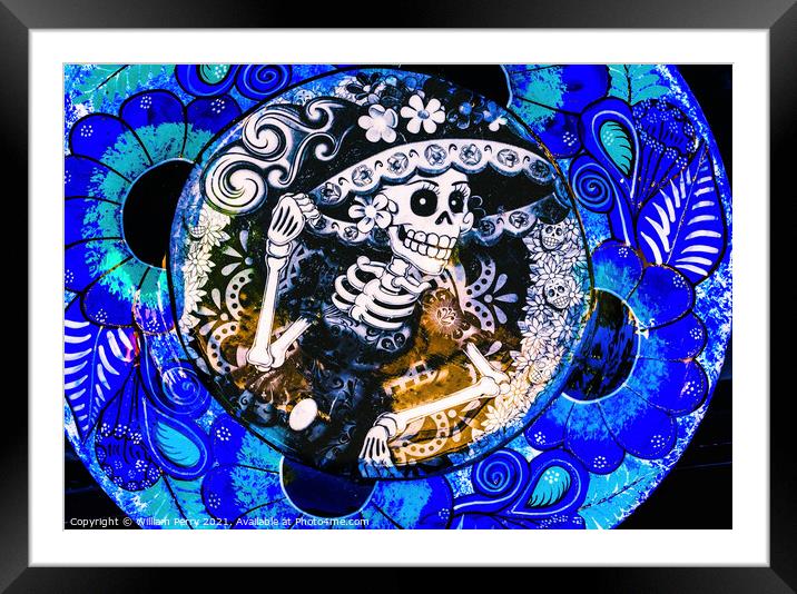 Colorful Mexican Ceramic Day of Dead Blue Plate Los Cabos Mexico Framed Mounted Print by William Perry