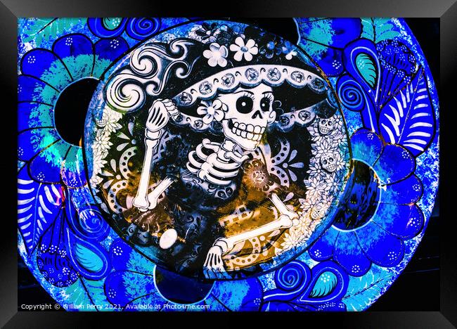 Colorful Mexican Ceramic Day of Dead Blue Plate Los Cabos Mexico Framed Print by William Perry