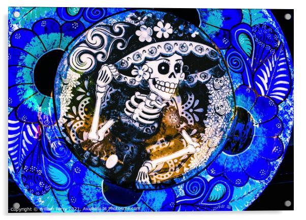 Colorful Mexican Ceramic Day of Dead Blue Plate Los Cabos Mexico Acrylic by William Perry