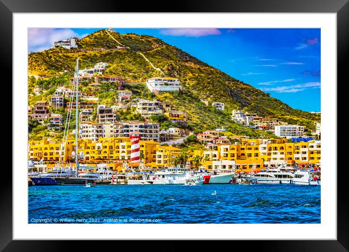 Lighthouse Yachts Boats Marina Central Stores Cabo San Lucas Mex Framed Mounted Print by William Perry