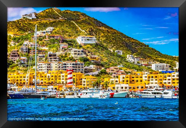 Lighthouse Yachts Boats Marina Central Stores Cabo San Lucas Mex Framed Print by William Perry