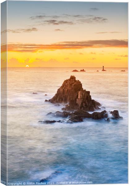 Sunset over the Armed Knight, Land's End, Cornwall Canvas Print by Justin Foulkes