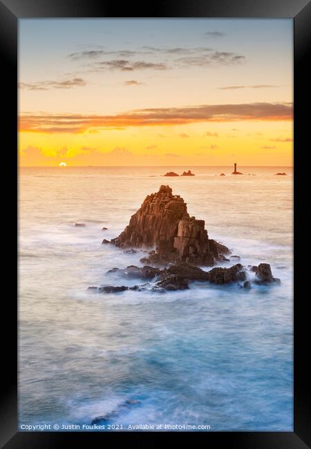 Sunset over the Armed Knight, Land's End, Cornwall Framed Print by Justin Foulkes