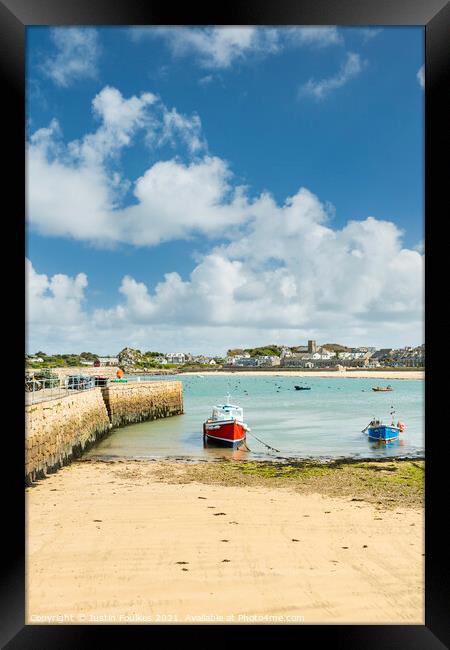 St Mary's harbour, Hugh Town, Isles of Scilly Framed Print by Justin Foulkes