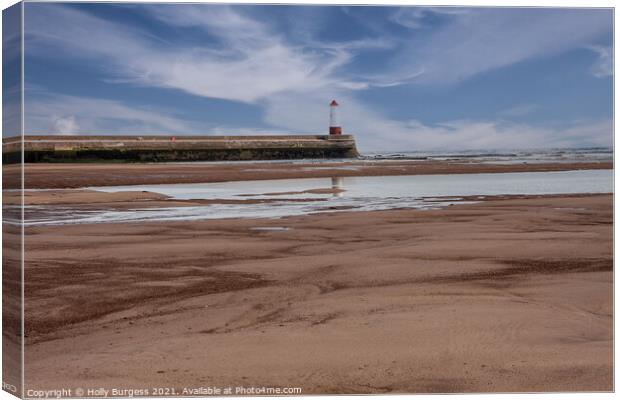Spittal Beach light house with blue sky Northumberland  Canvas Print by Holly Burgess