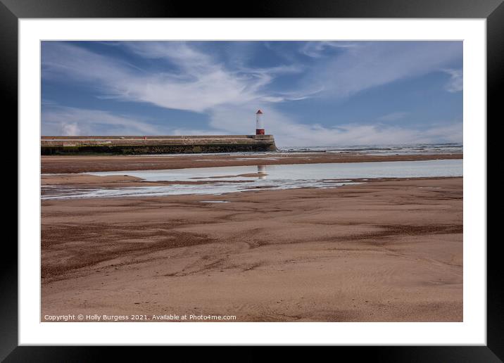 Spittal Beach light house with blue sky Northumberland  Framed Mounted Print by Holly Burgess