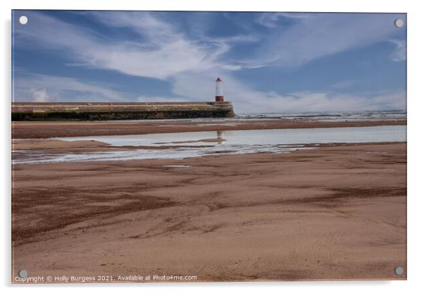 Spittal Beach light house with blue sky Northumberland  Acrylic by Holly Burgess