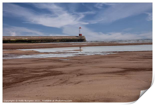 Spittal Beach light house with blue sky Northumberland  Print by Holly Burgess