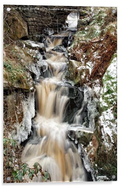 Pennine waterfall in winter. Acrylic by David Birchall