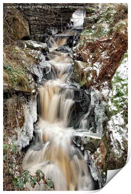 Pennine waterfall in winter. Print by David Birchall