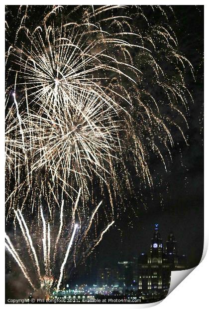 Fireworks over Royal Liver Building Print by Phil Longfoot