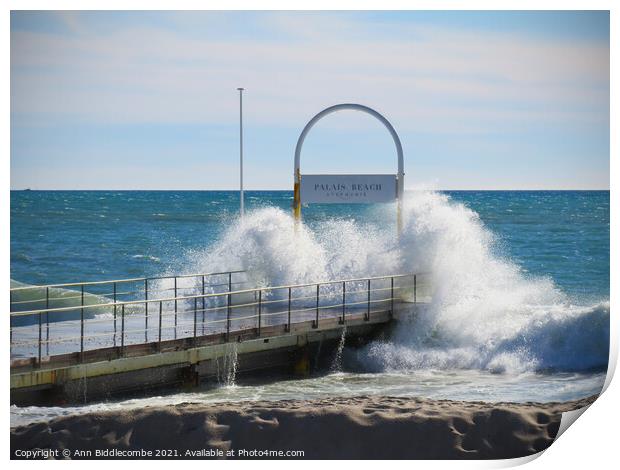 Windy day on Palais Beach in Cannes Print by Ann Biddlecombe