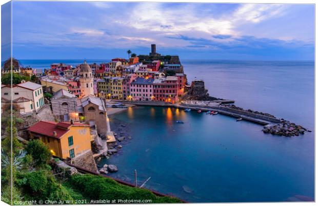 Sunset view of Vernazza, one of the five Mediterranean villages in Cinque Terre, Italy, famous for its colorful houses and harbor Canvas Print by Chun Ju Wu