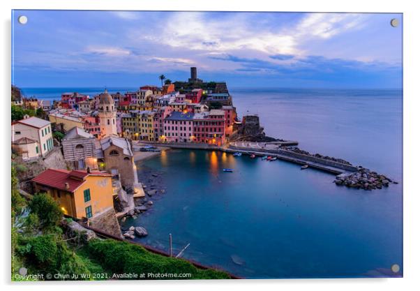 Sunset view of Vernazza, one of the five Mediterranean villages in Cinque Terre, Italy, famous for its colorful houses and harbor Acrylic by Chun Ju Wu