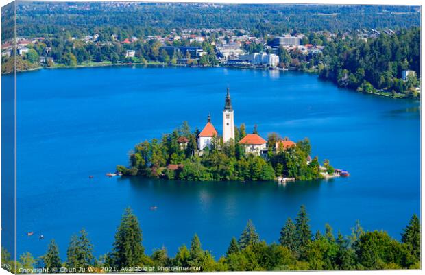 Aerial view of Bled Island and Lake Bled from Osojnica Hill, a popular tourist destination in Slovenia Canvas Print by Chun Ju Wu