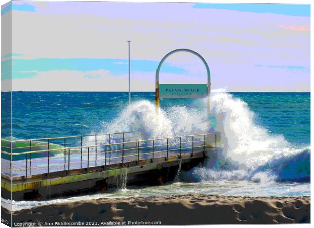 Posterised Windy day on Palais Beach in Cannes Canvas Print by Ann Biddlecombe
