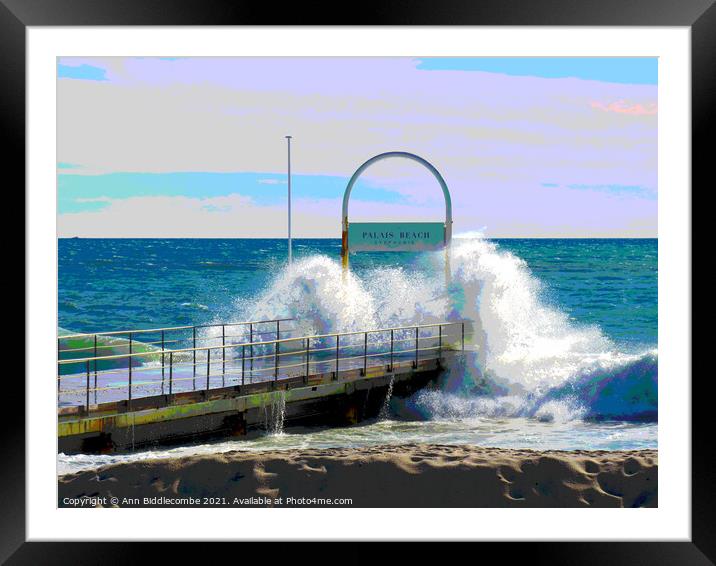 Posterised Windy day on Palais Beach in Cannes Framed Mounted Print by Ann Biddlecombe