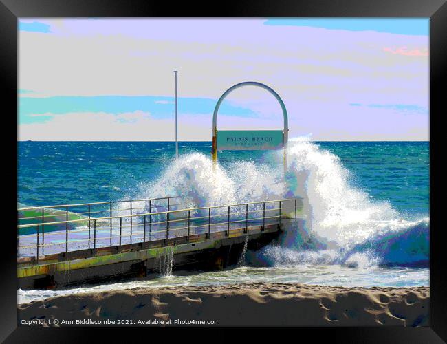 Posterised Windy day on Palais Beach in Cannes Framed Print by Ann Biddlecombe