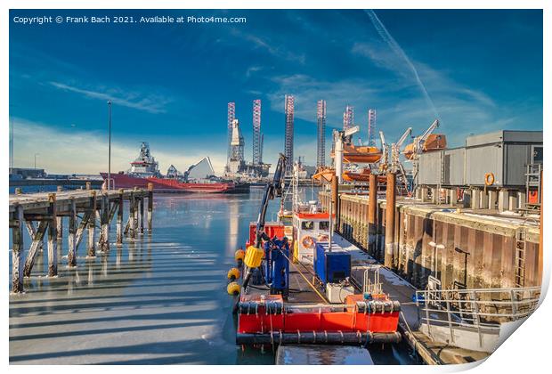 Wind power rigs in Esbjerg harbor. Denmark Print by Frank Bach