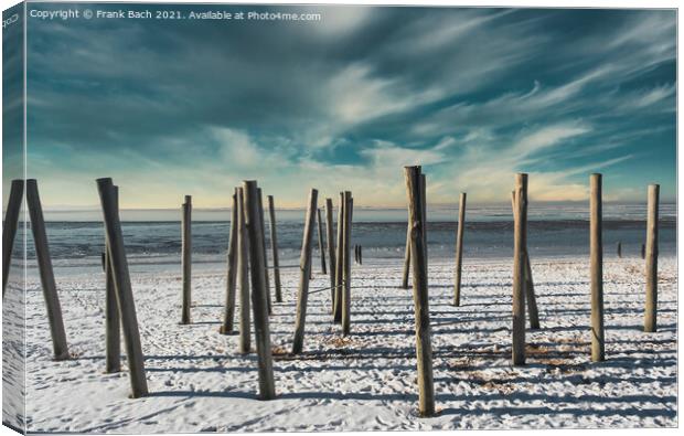 Poles on Hjerting public beach promenade in Esbjerg, Denmark Canvas Print by Frank Bach