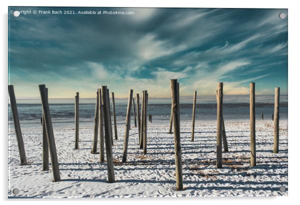 Poles on Hjerting public beach promenade in Esbjerg, Denmark Acrylic by Frank Bach