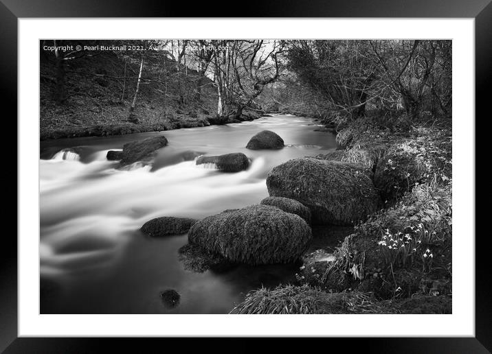 Afon Dwyfor River in Winter Black and White Framed Mounted Print by Pearl Bucknall