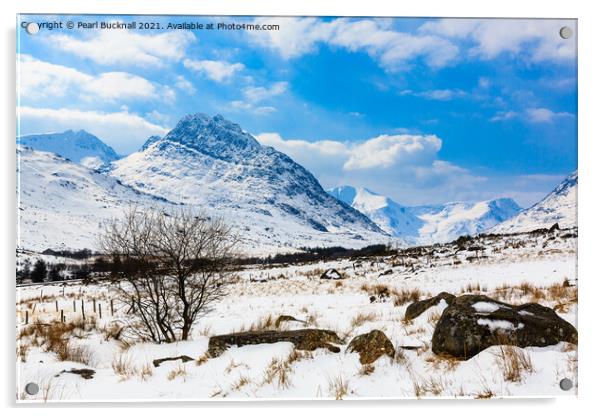Winter Snow in Ogwen Valley with Mount Tryfan in S Acrylic by Pearl Bucknall