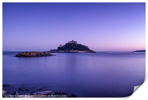 St Michaels mount Cornwall blue hour Print by kathy white