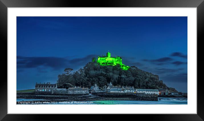 St Michael’s Mount lit green for St Patrick’s Day Framed Mounted Print by kathy white