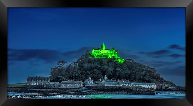 St Michael’s Mount lit green for St Patrick’s Day Framed Print by kathy white