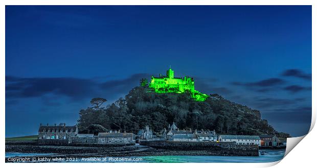 St Michael’s Mount lit green for St Patrick’s Day Print by kathy white