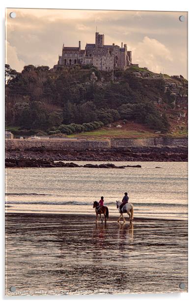 St Michaels mount Cornwall with horses, Acrylic by kathy white