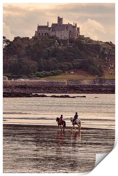 St Michaels mount Cornwall with horses, Print by kathy white