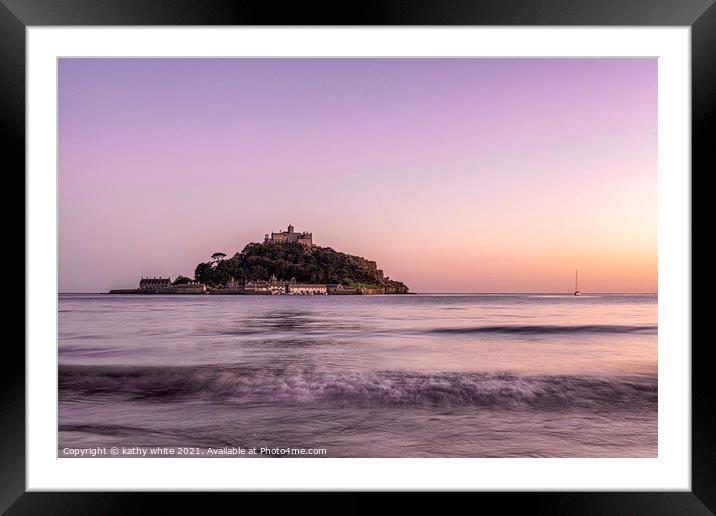 St Michaels mount Cornwall pink sky and calm cornw Framed Mounted Print by kathy white
