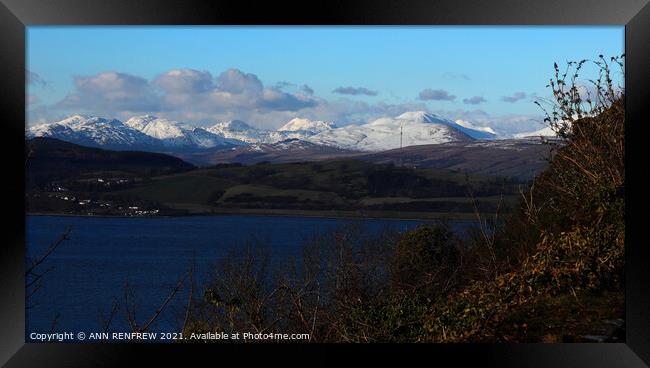 Snow capped mountains of Scotland. Framed Print by ANN RENFREW
