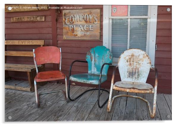 Coloured chairs on a cowboy veranda Acrylic by Adrian Beese