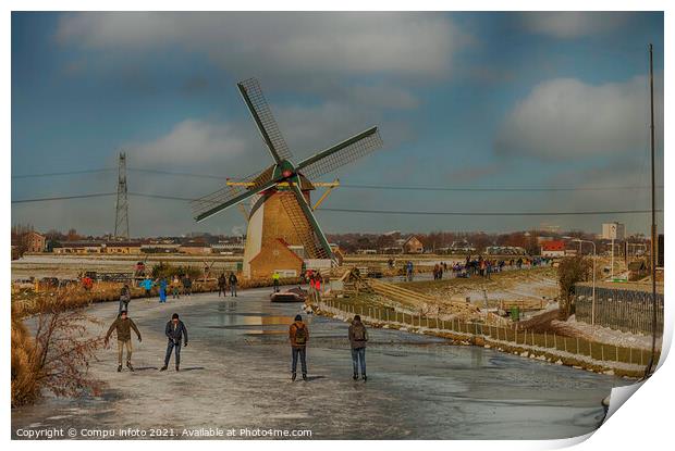 People skating om ice with windmill as background Print by Chris Willemsen
