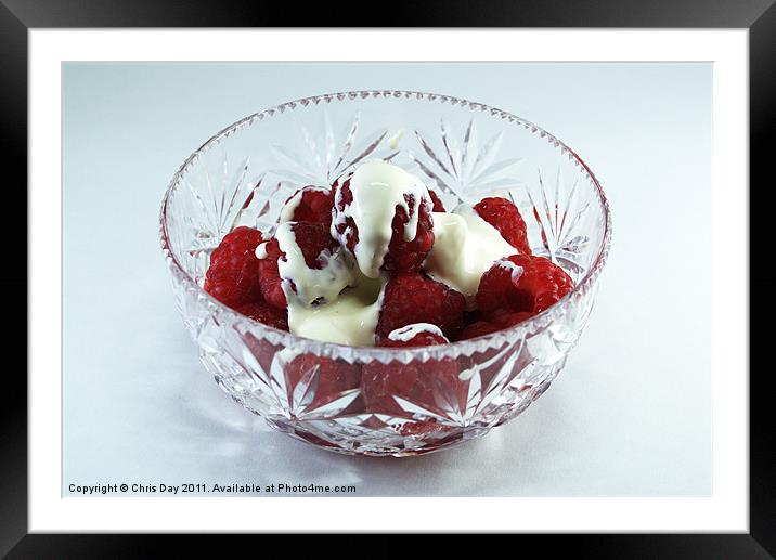 Bowl of Raspberries and cream Framed Mounted Print by Chris Day