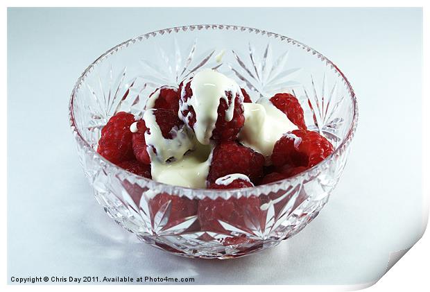 Bowl of Raspberries and cream Print by Chris Day