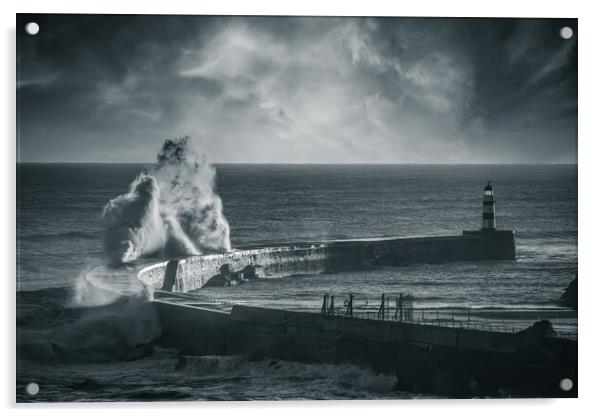 Seaham Pier in Black & White Acrylic by Duncan Loraine