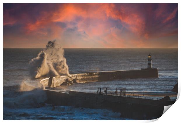 Seaham Pier &amp;amp;amp; Waves Print by Duncan Loraine