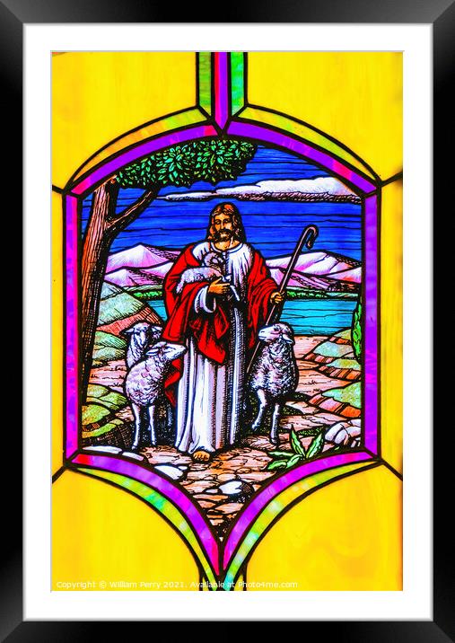 Jesus Shepherd Lambs Stained Glass Mission San Jose del Cabo Me Framed Mounted Print by William Perry