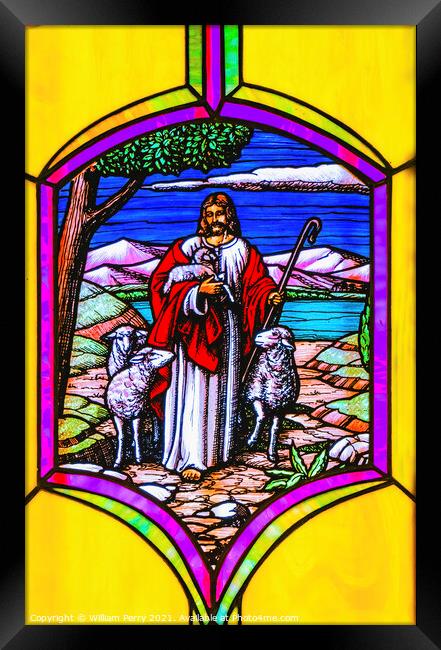 Jesus Shepherd Lambs Stained Glass Mission San Jose del Cabo Me Framed Print by William Perry