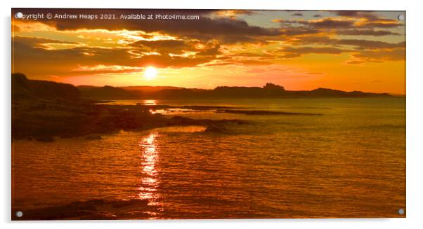 Sunset near Bamburgh Castle. Acrylic by Andrew Heaps