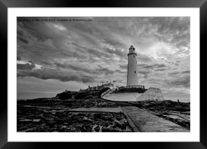 St. Mary's Island and Lighthouse in Monochrome Framed Mounted Print by Jim Jones
