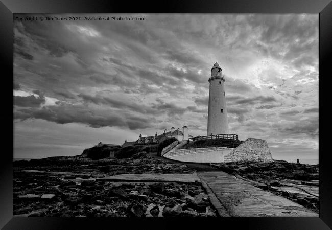 St. Mary's Island and Lighthouse in Monochrome Framed Print by Jim Jones